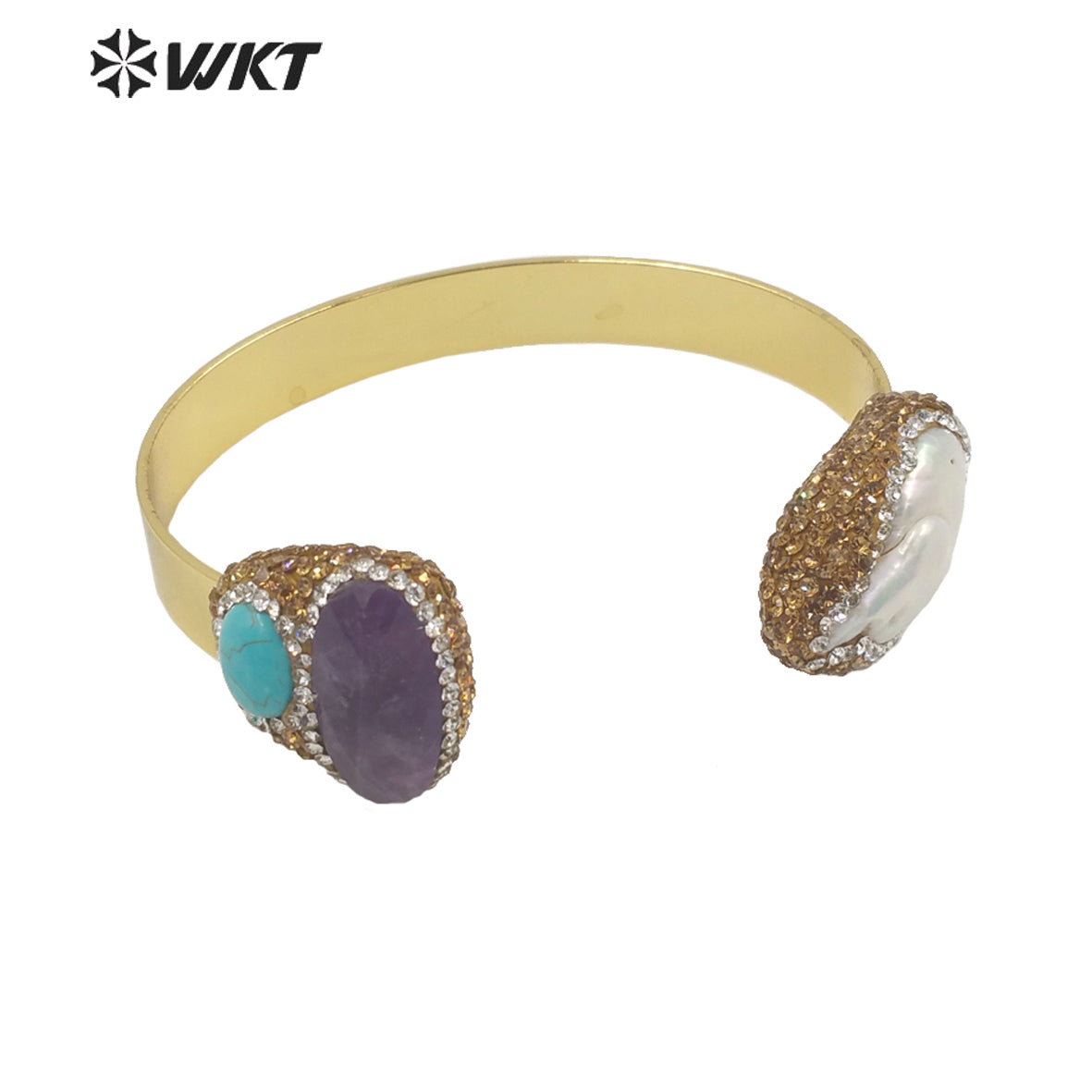 WT-MPB088 WKT Amazing Gorgeous Double Stone Bangle 18k Gold Plated Natural Sun Stone Amazonite Pearl Bangle in Adjustable