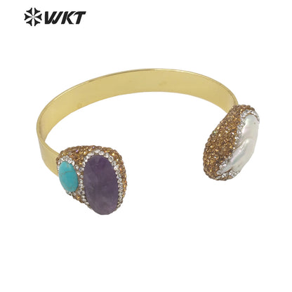 WT-MPB088 WKT Amazing Gorgeous Double Stone Bangle 18k Gold Plated Natural Sun Stone Amazonite Pearl Bangle in Adjustable