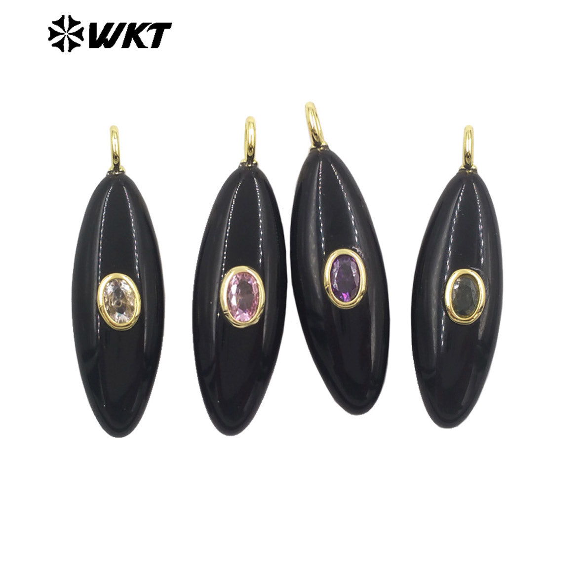 WT-P2053 Popular Style Zircon Gold Plated Natural Gemstones Long Oval Shape Pendants For Women Necklace Making Findings
