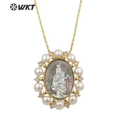 WT-JN166 WKT 2022 Fashion and Noble \White Shell and Pearl Virgin Mary Jesus Necklace for Big Party Women Retro Necklace