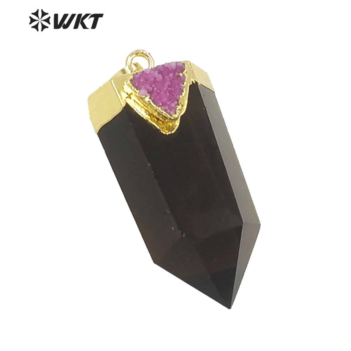 WT-P1609 WKT New Design Wholesale Natural Smoky Quartz Pendant Women Gold Hexagonal Quartz with Druzy Charm Pendant