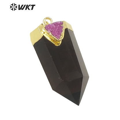 WT-P1609 WKT New Design Wholesale Natural Smoky Quartz Pendant Women Gold Hexagonal Quartz with Druzy Charm Pendant