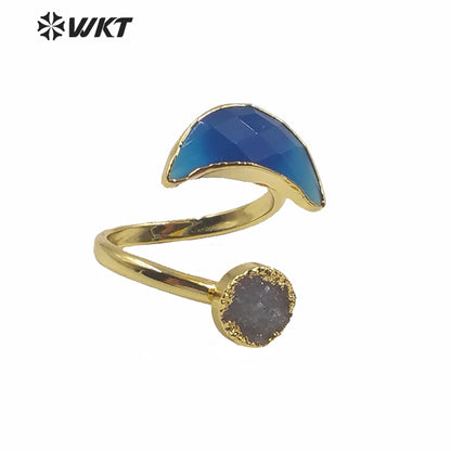 WT-R357 Wholesale Women Double Stone Cock Tail Ring Natural Gold Electroplated Druzy Agate Stone Ring Crescent Horn Stone Rings