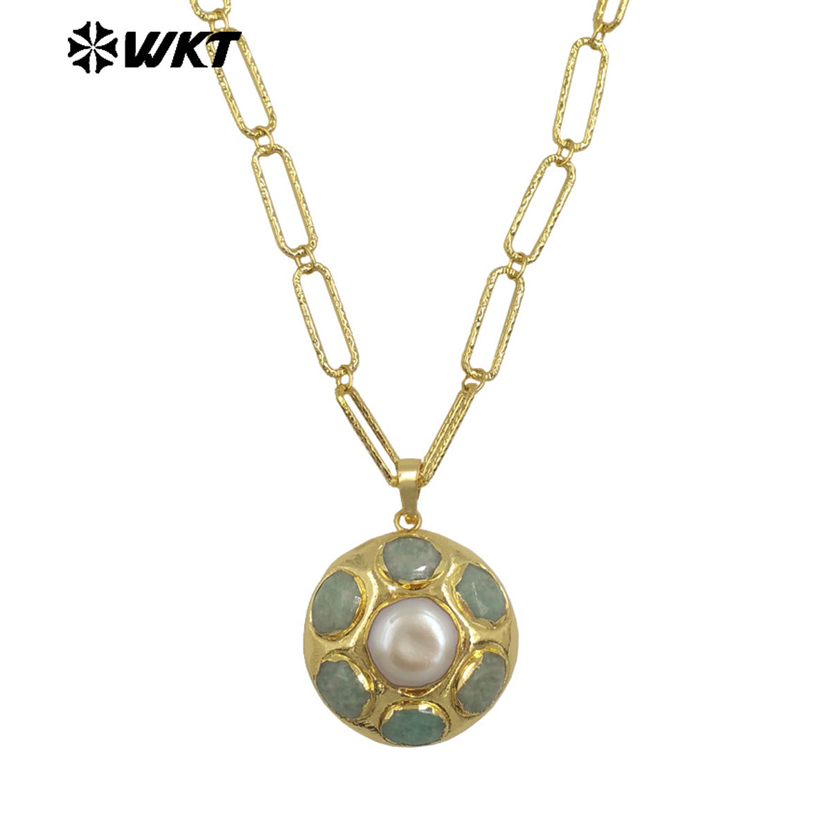 WT-N1493 Amazing Big 18k Real Gold Plated Link Chain Necklace With Round Natural Gemstone and Pearl Assemble Pendants Necklace