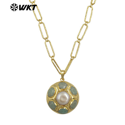 WT-N1493 Amazing Big 18k Real Gold Plated Link Chain Necklace With Round Natural Gemstone and Pearl Assemble Pendants Necklace