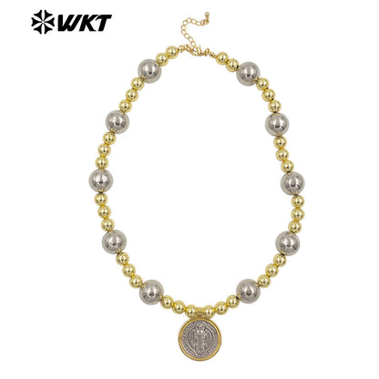 WT-JN303 Customize 18K Gold Plated and Silver Round Flat Pearl Beads Religious Shell Necklace Fashion Special Jewelry for Ladies