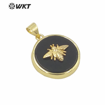 WT-P1576 New Hot Sales Round Stone Charm Pendant Fashion Gold Bezel Bee Stone Pendants Gold Birthday Gift Pendant in 9mm