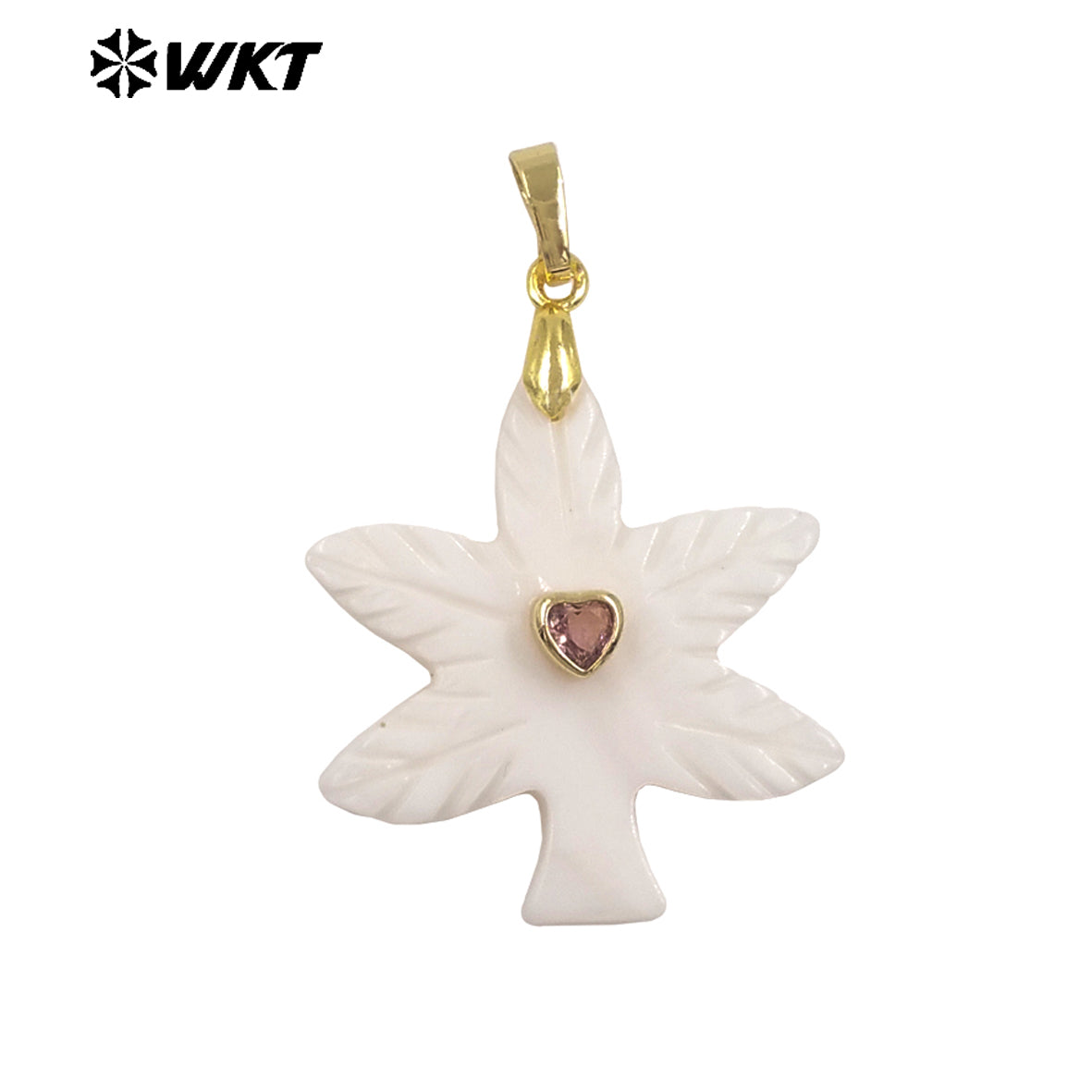 WT-JP523 Factory Wholesale Heart Zircon And Natural White Shell Carved Tree Shape Pendant For Friends Jewelry Gift Making