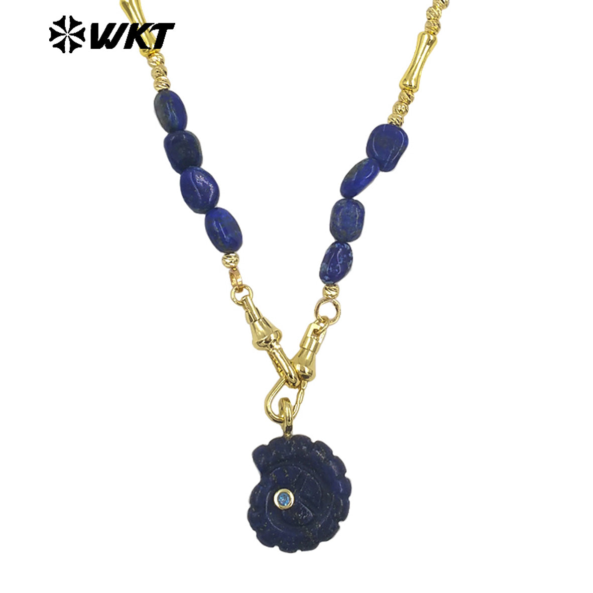 WT-N1520 Boutique Stone Beads Splicing Brass Chain With Natural Gemstones Carved Trumpet Pendant Necklaces For Friend Gift