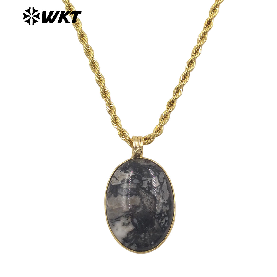 WT-N1539 Good Quality Yellow Brass Gold Plated Chain With Natural Gemstones Round Pendant Necklaces For Simple Style Jewelry