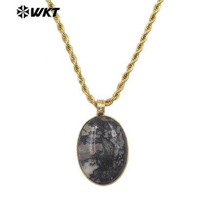 WT-N1539 Good Quality Yellow Brass Gold Plated Chain With Natural Gemstones Round Pendant Necklaces For Simple Style Jewelry