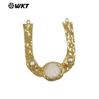 WT-PC014 High Quality 18K Gold Plated Double Loops Natural Freshwater Pearl And Shell Design Connector For Handmade Necklace