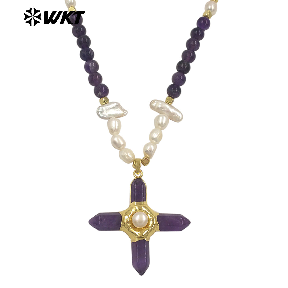 WT-JN375 High Quality Women Beautiful Gold Plated Natural Gemstones And Pearl Splicing Chain With Stone Cross Pendant Necklace