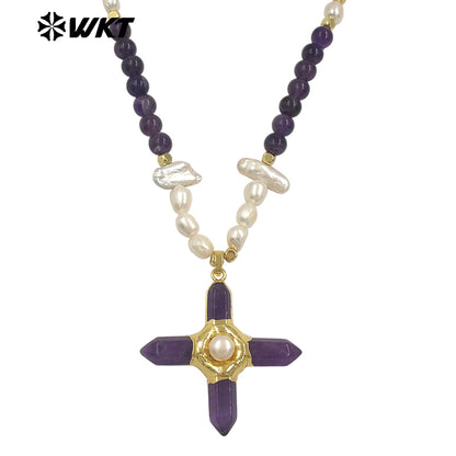 WT-JN375 High Quality Women Beautiful Gold Plated Natural Gemstones And Pearl Splicing Chain With Stone Cross Pendant Necklace