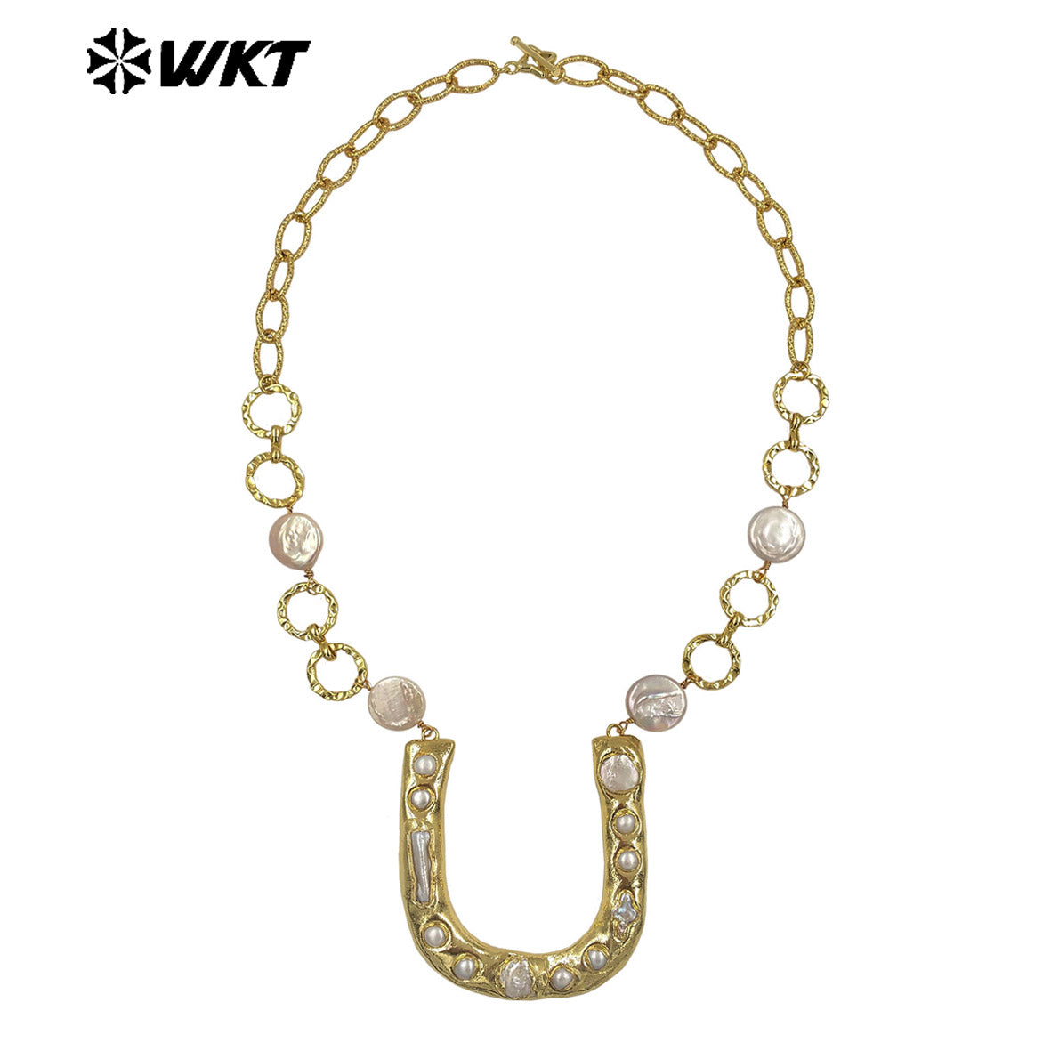 WT-JN368 Luxury Gold Plated Natural Freshwater Pearl Chain And U Shape Big Pendant Necklace For Girls Anniversary Present