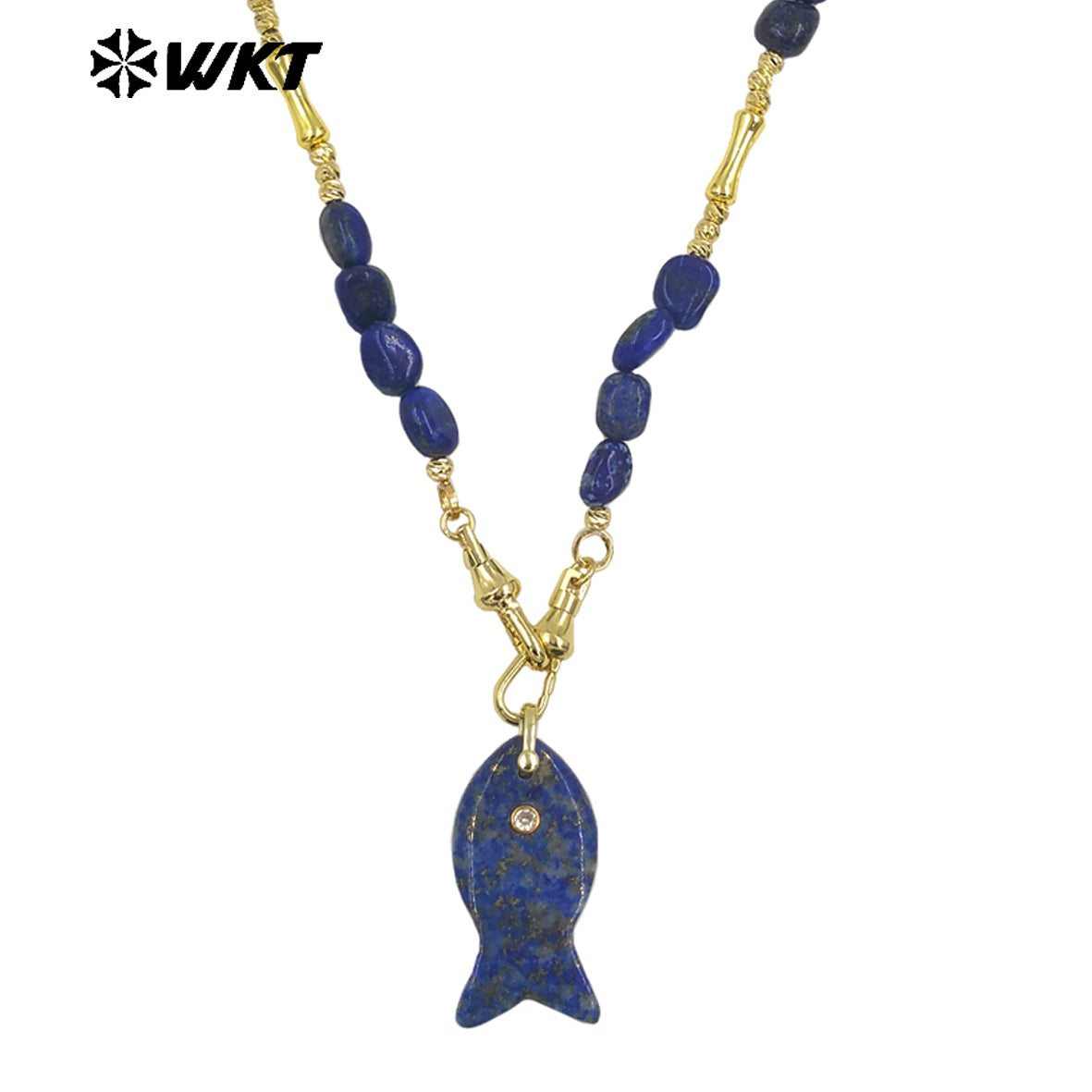 WT-N1522 Wonderful Stone Beads Splicing Metal Gold Chain With Natural Gemstones Fish Shape Pendant Necklaces For Women Gift