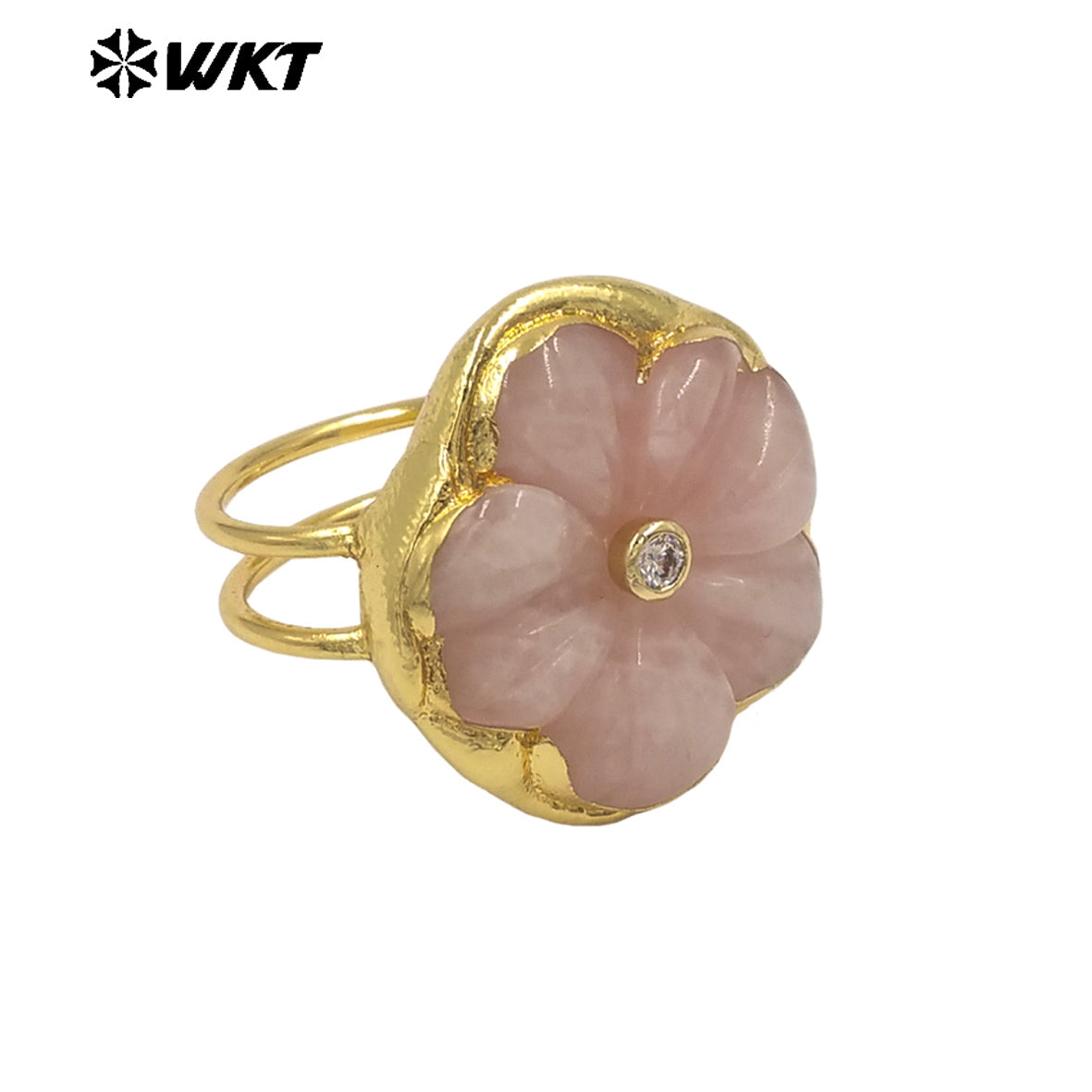 WT-R611 Exquisite Hot Sale Gold Plated Zircon And Natural Gemstones Carved Flower Shape Rings For Friends Birthday Jewelry Gift