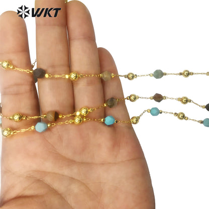 WT-RBC134 Wholesale Natural Stone Beads Chain Women Gold Plated Stone Beads Rosary Chain for Jewelry Making Jewelry Beads Chain