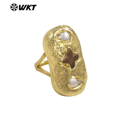 WT-MPR154 Exclusive Design Gold Plated Amethyst Natural Gemstone And Freshwater Pearls Cross Rectangle Rings For Party Jewelry