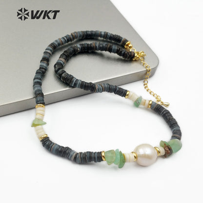 WT-JN101 Wholesale Natural Shell Beads Choker Necklace in 16" Inch Long With Pearl Women Stylish Jewelry Natural Shell Necklace