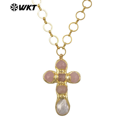 WT-JN374 Factory Wholesale Metal Chain With Natural Gemstone And White Shell Cross Pendant Necklace As Girl Daily Jewelry