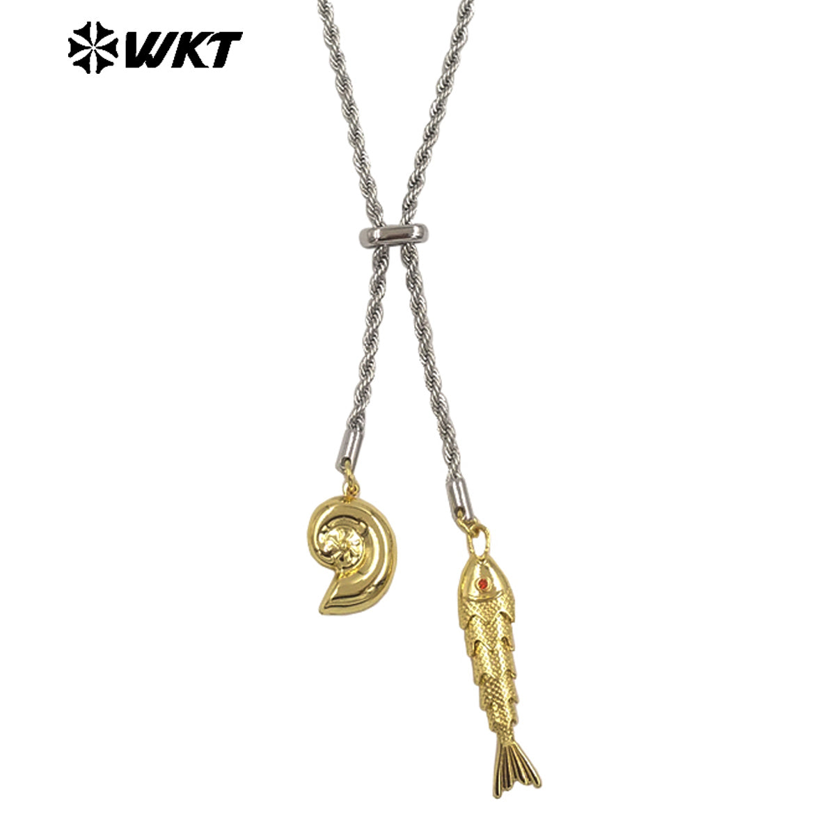 WT-JFN54 Lovely Double Gold Plated Brass And Zircon Shell Fish Charms With Silver Chain Necklace As Women Birthday Gift