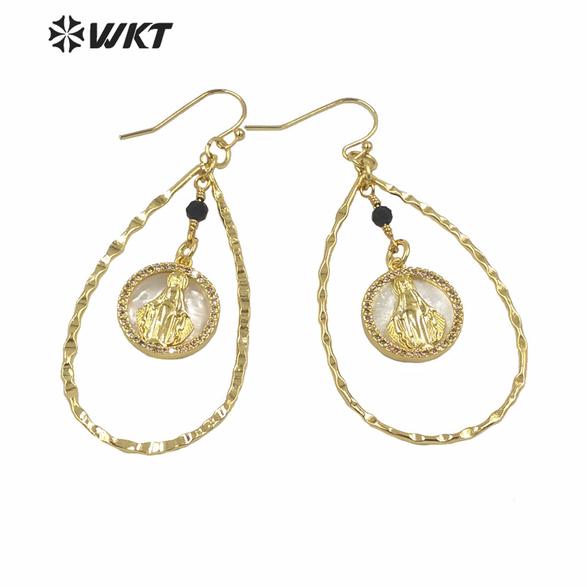 WT-ME080 High Quality Natural Tear Drop Shape Virgin Mary Earrings Gold Electroplated MOP Shell Drop Hoop Earrings for Girl