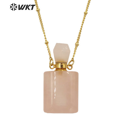 WT-N1285 Wholesale Gold Plated Natural Stone Rose Quartz square Essencial Oil Bottle Necklace Double Loop Perfume Necklace