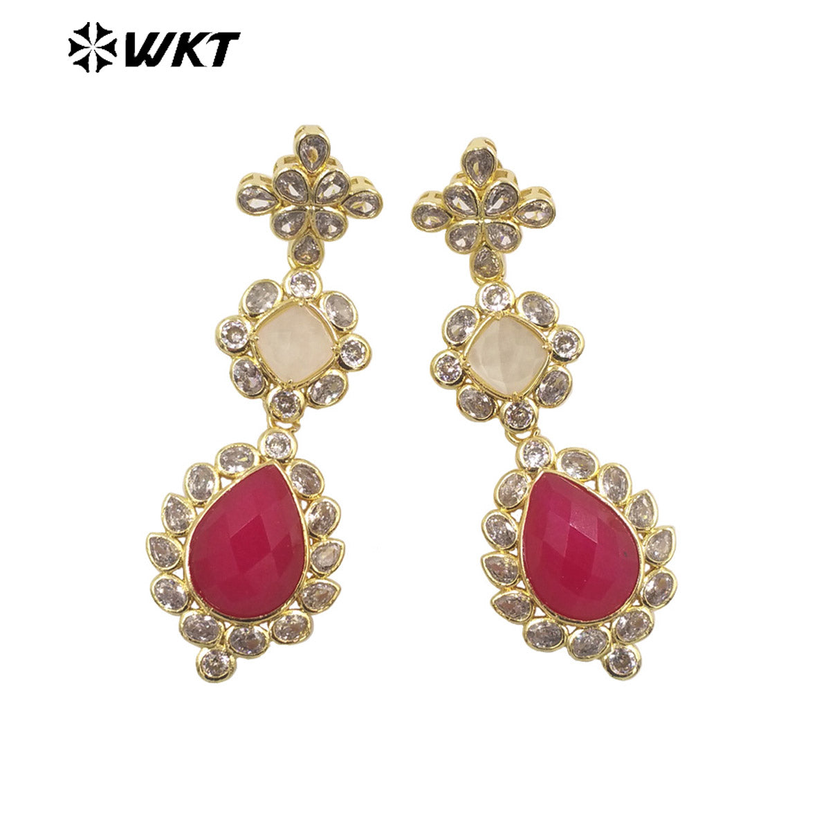 WT-ME088 WKT New Design 18K Real Gold Plated Multi Kinds of Gemstone Earrings Natural Lapis Drop Long Stone Studs for Gift