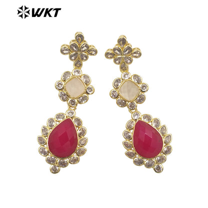 WT-ME088 WKT New Design 18K Real Gold Plated Multi Kinds of Gemstone Earrings Natural Lapis Drop Long Stone Studs for Gift