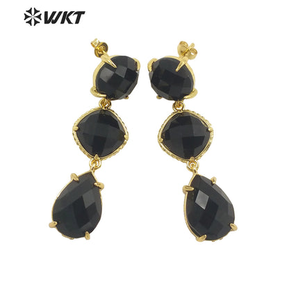 WT-E689 Wholesale Fashion Triple Stone Long Dangle Earrings Gorgeous Lady Prong Setting Natural Gemstone Birthday Stone Earrings