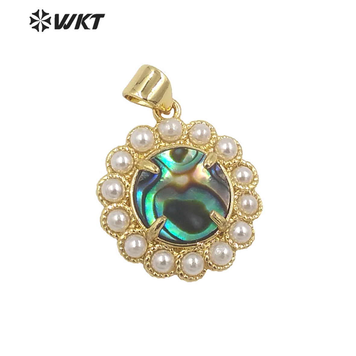 WT-JP358 Wholesale Fashion Gold Plated Stone With Claw Setting Artificial Shell Pearl Around Labradorite Gemstone Pendants