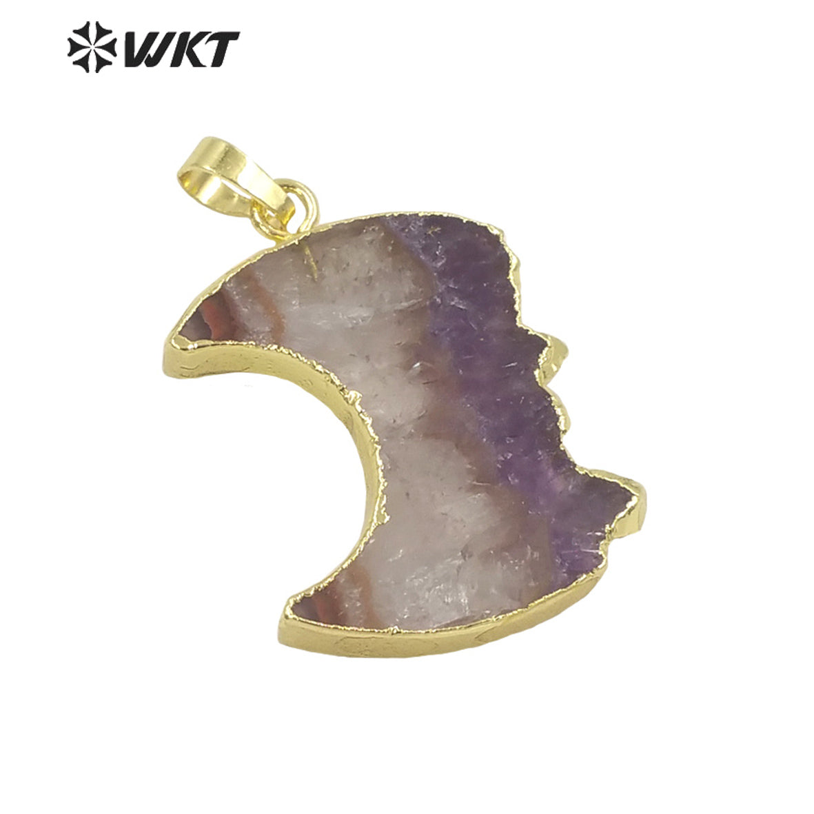WT-P1714 Newest Fashon Gold Trim Slice Brazil Amethyst Moon Pendant Women Energy Natural Stone Carved Jewelry Pendant