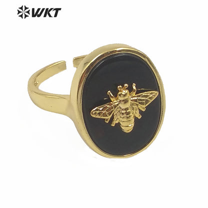 WT-R353 Unique Design Natural Stone Insect Charm Ring Oval Gemstone Ring Fashion Jewelry Multicolor Adjustable Ring
