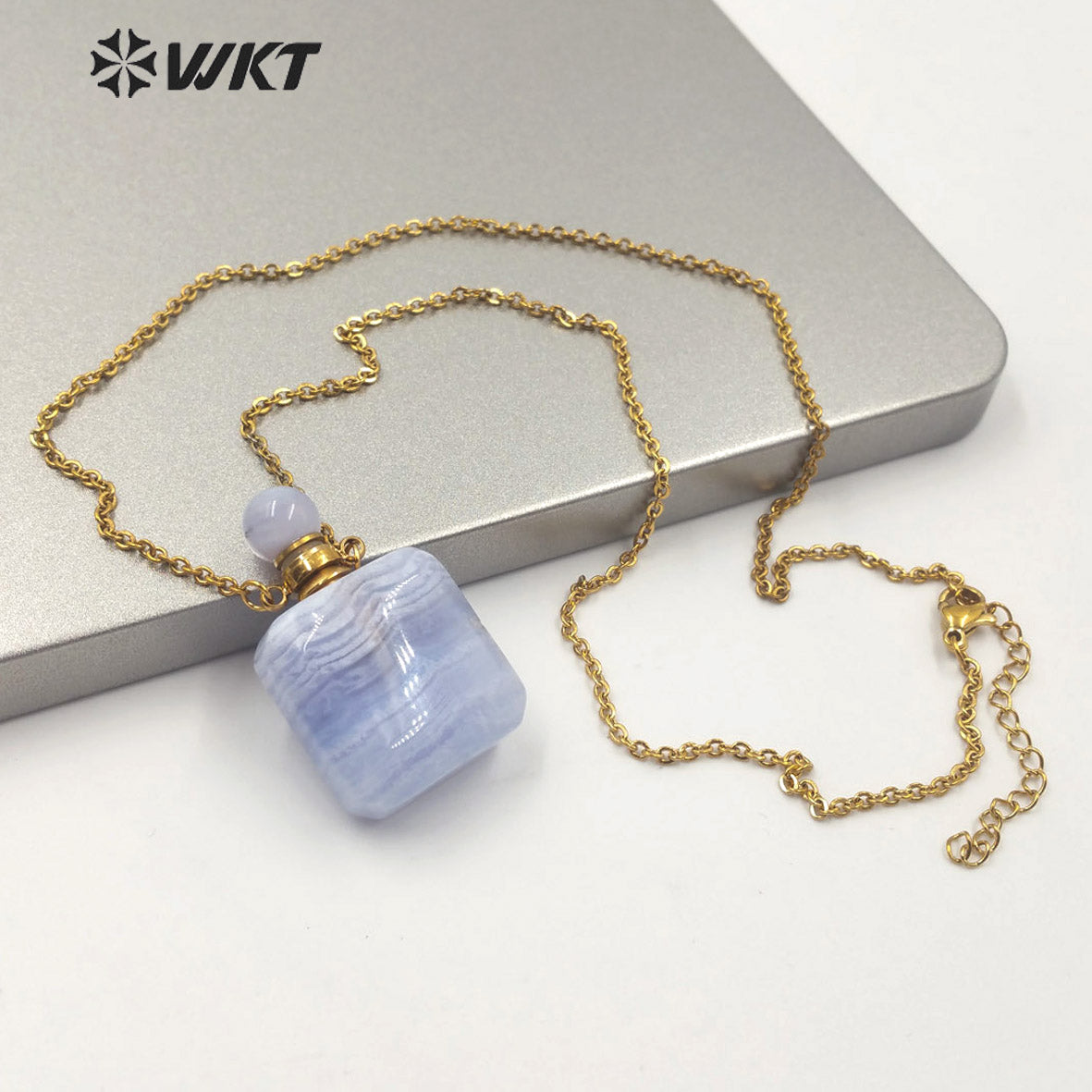 WT-N1190 New Exclusive Design Natural Gemstone Perfume Bottle Necklace in 18k Gold Plated Stylish Perfume Bottle Necklace