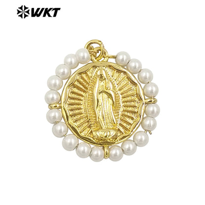 WT-MN986 Amazing New Hand Made Design Wire Wrapped Beads Decorate Big Round Religious Virgin of Guadalupe Necklace