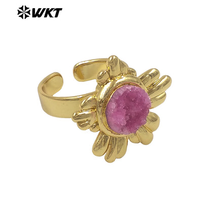 WT-R609 Beautiful Gold Plated Natural Druzy Quartz Stone Sun Flower Shape Women Rings For Party Trendy Wearing Accessory