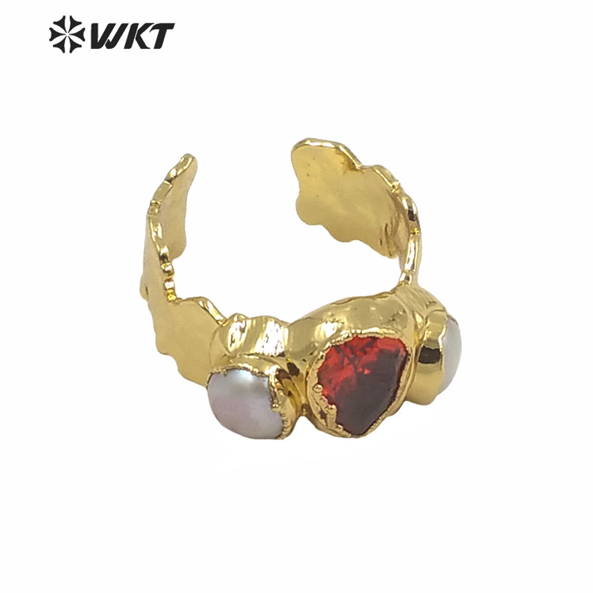 WT-MPR011 WKT Exclusive Gorgeous Natural Pearl CZ Stone Cocktail Ring Women Fashion Gold Electroplated Irregular Lava Stone Ring