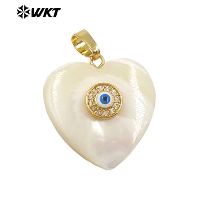 WT-JP366 Newest Gold Plated Charming Natural White Shell Heart With Turkey Eye Girl Lovely Pendants for Birthday