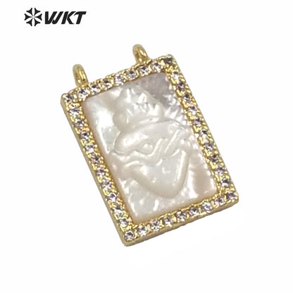 WT-MP181 Wholesale Unique Double Loops Micro Pave Bezel Seting Natural Christian Religious MOP Heart Pendant 11x16mm