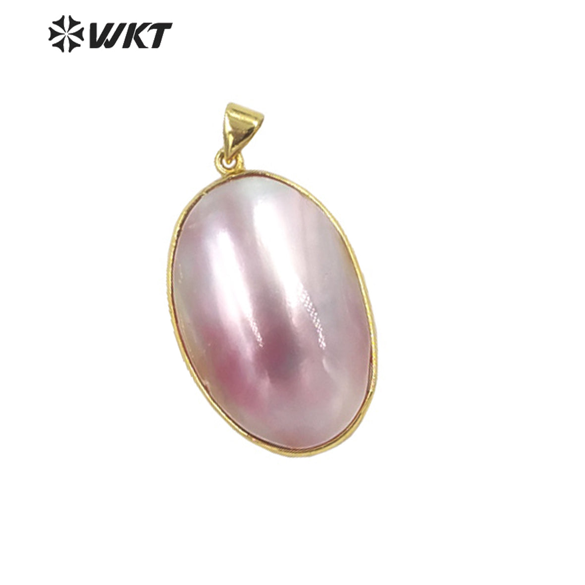 WT-JP338 Wholesale Fashion Gold Bezel Brightly Natural Mabe Shell Pendant Long Oval pink Shell Jewelry Pendant for Friend Gift