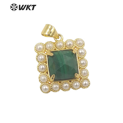 WT-JP357 Wholesale New Design Small Square Gemstone Carved Green Aventurine Claw Setting Women Necklace Stone Pendants