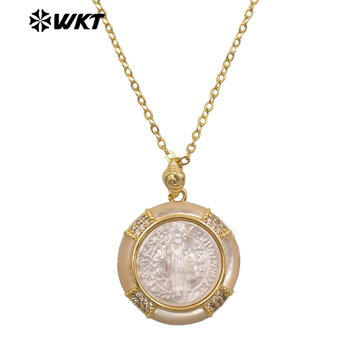 WT-JN357 Newest Gold Plated MOP Shell Hand Carved Religious Style Pattern Round Pendant Necklace For Girls Causal Matching
