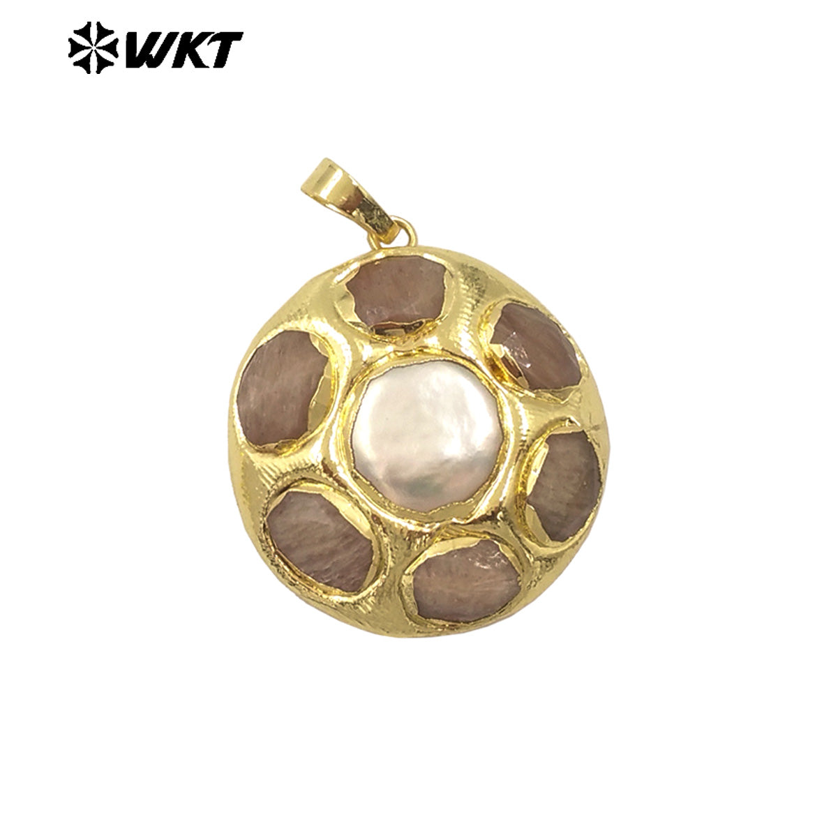 WT-JP411 Amazing Fashion Gold Plated Handmade Bezel Setting Natural Round Natural Stone and Pearl Flower Pendants