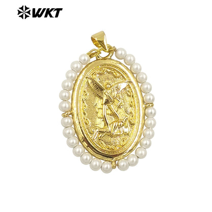 WT-MN990 Fashion Women 18K Real Gold Plated Oval Shape Crystal Wire Wrapped Guardian Angel Necklace for Christian
