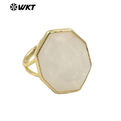 WT-R516 New Spring Design Geometric Natural Hexagon Rose Quartz Amethyst Stone Made Engagement Ring