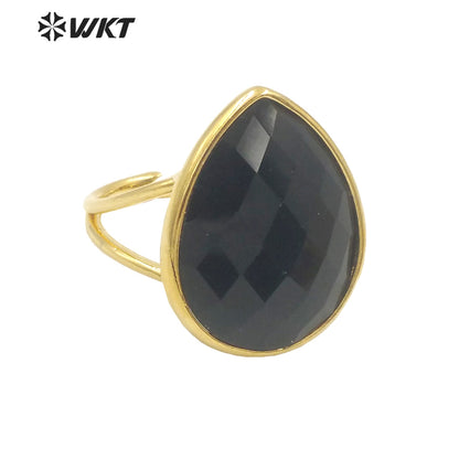 WT-R505 Gorgeous Big Drop Stone Amazonite Tiger Eye and Labradorite 18K Gold Plated Gemstone Women Birthday Ring