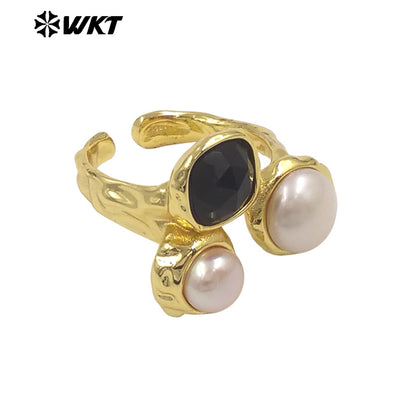WT-MPR160 Wholesale Gold Electroplated Double Natural Freshwater Pearls And Stone Rings For Female Daily Decoration Jewelry