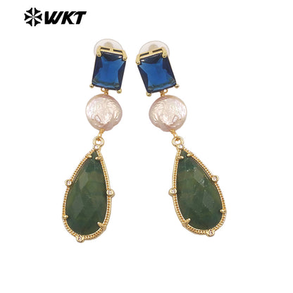 ME121 Wholesale Gold Plated Women Gemstones Earrings Jewelry Natural Amazonite Stone WaterBDrop Shape Romantic Ladies Gift