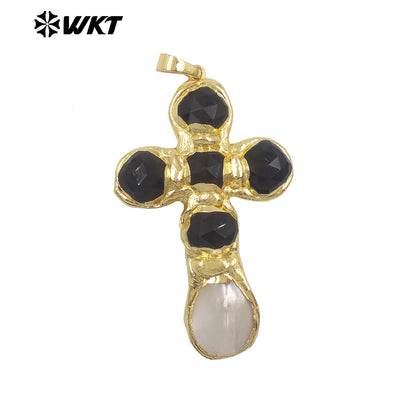 WT-JP449 Newest Labradorite Natural Stones And White Shell Spliced 18K Gold Plated Cross Pendants As Unique Jewelry Gift